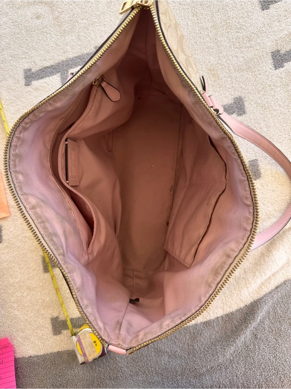 Coach Beige Signature Tote with Pink Leather Handles 2019 Coach gallery tote